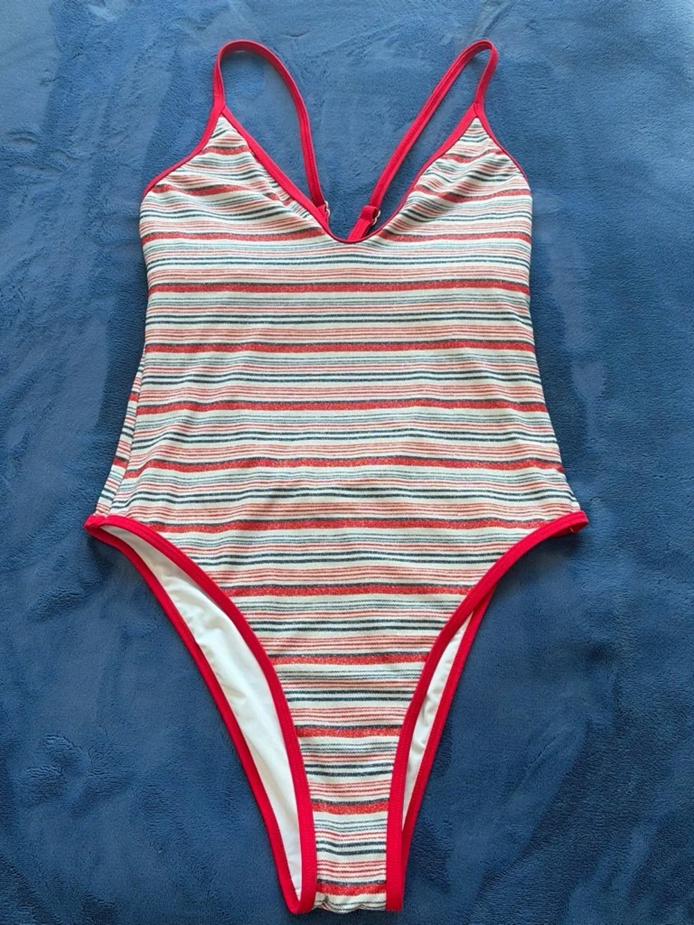 Cupshe Red, White & Blue Striped V-Neck One-Piece Swimsuit